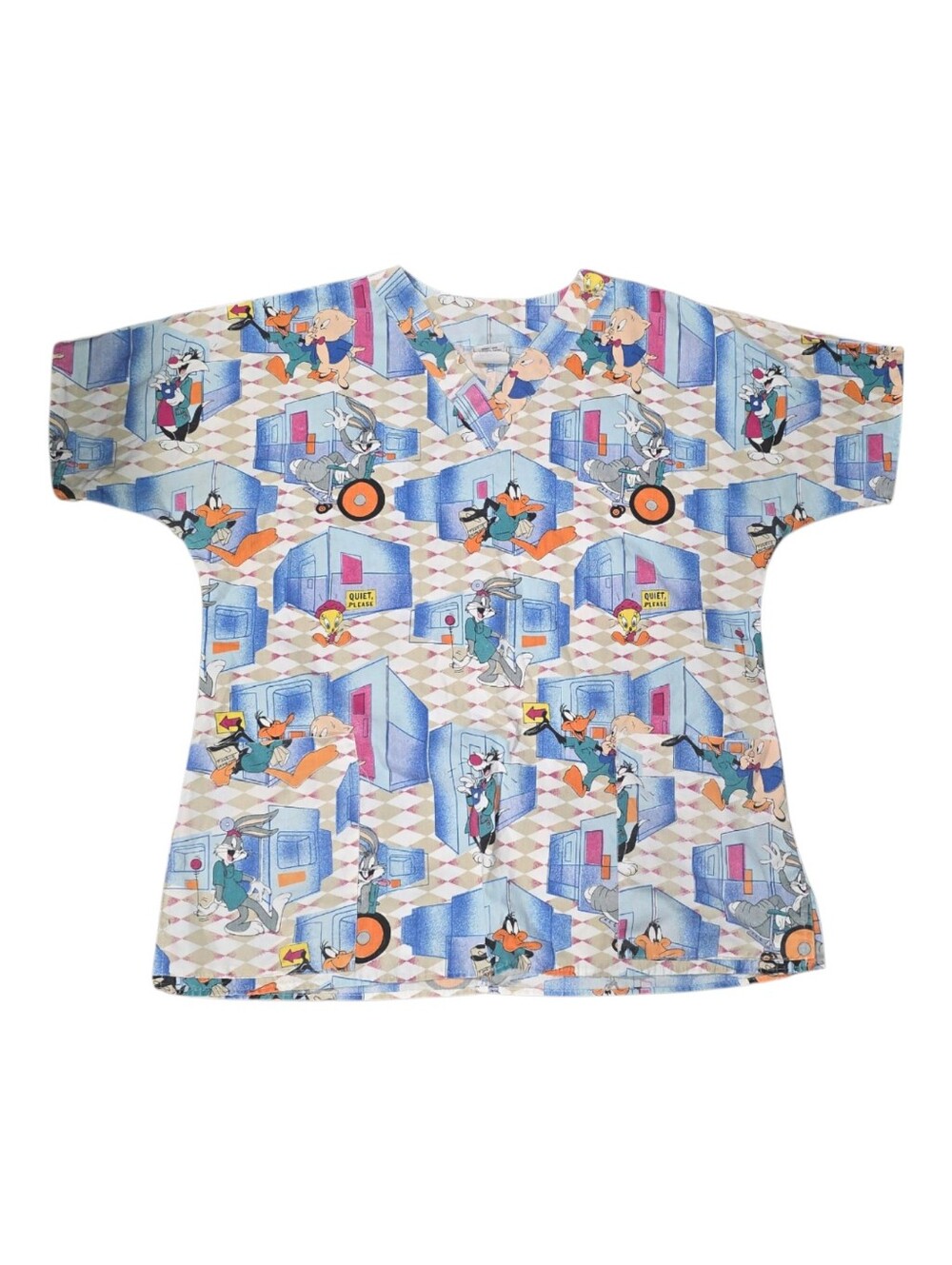 Vintage Looney Tunes Cartoon Print Scrub Top V-Neck Size 14/16